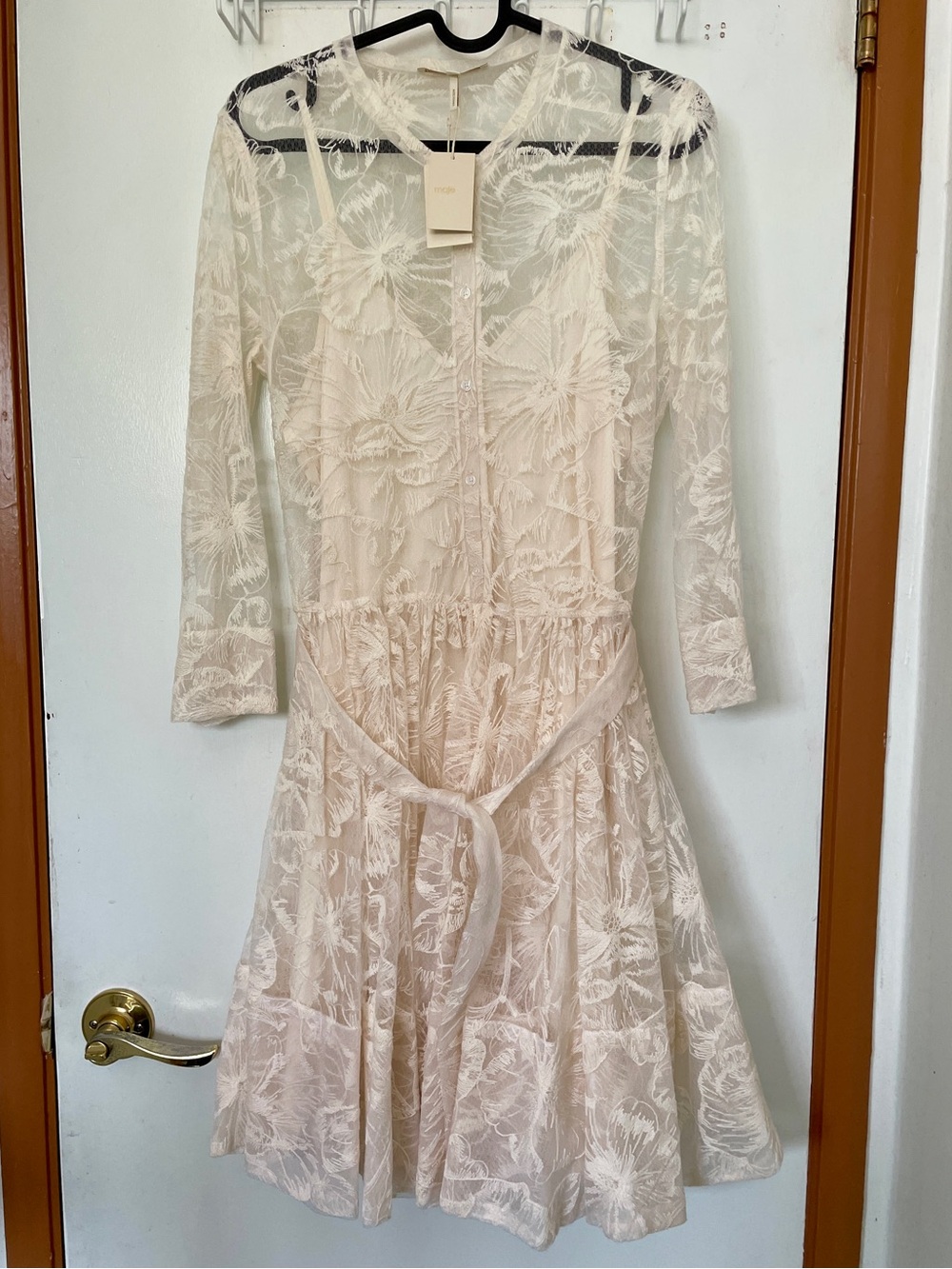 Maje Ecru Belted Lace Dress- Medium 38 beige/white